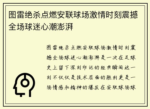 图雷绝杀点燃安联球场激情时刻震撼全场球迷心潮澎湃