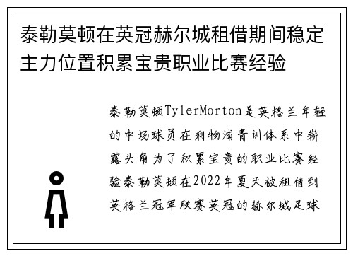 泰勒莫顿在英冠赫尔城租借期间稳定主力位置积累宝贵职业比赛经验